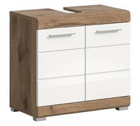 furnling Meuble sous lavabo Scott, façade blanche brillante, 2 portes, 2 compartiments, meuble bas avec découpe siphon, façade avec fraisage rainuré, largeur 60 cm, corps Nox Oak