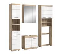 furnling Scott Ensemble de meubles de salle de bain 4 pièces, armoire haute, armoire à miroir, meuble sous lavabo, armoire à lave-linge, façade brillante, chêne Sonoma clair/blanc