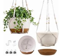 FUSHITON Lot de 3 Suspensions pour Plantes Intérieur & Extérieur, Pots Auto-arrosants 24+24+20,5 cm Renforcés avec 2 Types de Crochets et Soucoupe Amovible - Blanc
