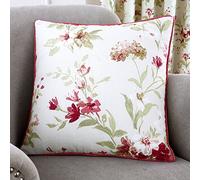 Fusion - Coussin Floral Blanc Vintage (43 x 43 cm) - 100% Coton - Remplissage Inclus - Bord passepoilé - Coussin Fleur Rouge avec Rembourrage - Coussin Vintage avec Fleurs Florales