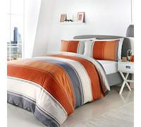Fusion - Housse de Couette à Larges Rayures Orange - 260 x 220 cm - 2 taies d'oreiller - Housse de Couette à Rayures contemporaines en Terre Cuite et Gris - Parure de lit doublée Orange/Gris