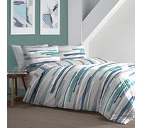 Fusion - Housse de Couette à Rayures Nautiques Bleues - 140 x 200 cm - 1 taie d'oreiller - Housse de Couette Bleue contemporaine - Parure de lit Gris/Bleu Sarcelle - Literie Bleu Sarcelle à Rayures