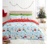 Fusion - Housse de Couette Bonhomme de Neige de Noël - 140 x 200 cm - Réversible - 1x taie d'oreiller - Housse de Couette Flocon de Neige en œuf de Canard/Rouge - Literie de Noël Bonhomme de Neige