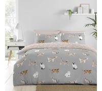 Fusion - Housse de Couette Chat Gris 230 x 220 cm - 2 Taies d'Oreiller - Design Réversible (Beige et Gris) - Imprimé Patte - Cadeau pour Femme