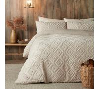 Fusion - Housse de Couette en Polaire crème Naturelle - Lit Simple (140 x 200 cm) - Design réversible - Housse de Couette Jacquard en Lin Beige - Parure de lit touffetée carrée géométrique - Polaire
