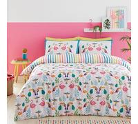 Fusion - Housse de Couette Flamant Tropical - 200 x 200 cm - 2 Taies d'oreiller - Réversible (Rayures Arc-en-Ciel) - Housse de Couette Oiseaux (Toucan) - Cadeaux Flamant Rose - Literie Tropicale