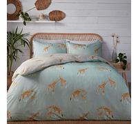 Fusion - Housse de Couette Girafe Bleu Canard - 140 x 200 cm - 1 taie d'oreiller - Design réversible - Parure de lit Animaux du Zoo - Parure de lit Gris et Bleu avec girafes - Cadeaux girafes