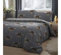 Fusion - Housse de Couette Highland Cow - 200 x 200 cm - 2 taies d'oreiller - Réversible - Parure de lit Tartan Gris/Housse de Couette en Flanelle - Literie Vache de Ferme en Gris - Cadeaux Vache