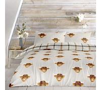 Fusion - Housse de Couette Highland Cow - 260 x 220 cm - 2 taies d'oreiller - Réversible - Parure de lit Tartan crème Naturelle/Housse de Couette en Flanelle - Literie Vache de Ferme - Cadeaux Vache