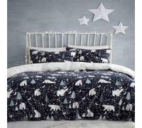 Fusion - Housse de Couette Noël Nuit étoilée et Ours Polaire - 140 x 200 cm - Design réversible - 1x taie d'oreiller - Parure de lit Bleu Marine avec Ours et Arbres arctiques - Parure de lit de Noël