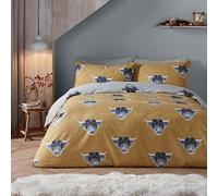 Fusion - Housse de Couette Vache des Highlands Jaune Ocre - 200 x 200 cm - 2 taies d'oreiller - Design réversible (Ocre et Gris) - Literie de Vache de Ferme en Jaune Moutarde - Cadeaux Vache
