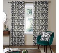 Fusion - Lot de 2 Rideaux 100% Coton - Motif Floral - Style rétro - Insonorisants - pour Chambre à Coucher - Motif Floral - Noir Anthracite - 168 x 183 cm