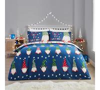 Fusion Parure de lit Gonk de Noël Bleu Marine - Lit Double (200x200cm) - 100% Coton - Réversible Festif - 2 Taies d'Oreiller Inclus - Housse de Couette Nain de Noël - Parure de Lit Hiver