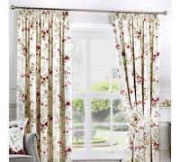 Fusion - Rideaux Floraux Blancs Vintage 168 x 229 cm - 100% Coton - 2 Panneaux - Plissés Avec Fleurs Rouges - Blanc/Rouge - Collection Jeannie