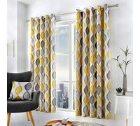 Fusion - Rideaux géométriques Gris et Jaune 168 x 183 cm - 100% Coton - 2 Panneaux - Rideaux à œillets en Ocre/Gris - Rideaux en Forme de Cercle - Rideaux rétro pour Chambre à Coucher