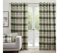 Fusion - Rideaux Tartan Vert 168 x 137 cm - 100% Coton - 2 Panneaux à Carreaux Vert Olive - Œillets Verts - Pour Salon/Chambre/Bureau
