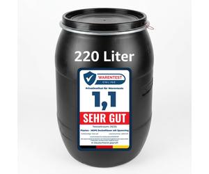 Fût à col large Plasteo 220 litres, noir, avec couvercle, anneau de serrage et joint, homologué UN, fût en plastique HDPE, fût à couvercle, fût de stockage, citerne d'eau de pluie