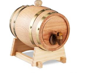 Fût à schnaps Relaxdays, 1,25 l, en chêne, fût en bois avec support et robinet, whisky, vin, spiritueux, fût à whisky, naturel