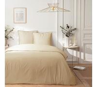 Future Home Parure de lit 2 Personnes Talie en Satin de Coton Unie - Housse de Couette + 2 taies d'oreiller 63x63cm - 100% Satin Coton - 120 Fils/cm² - Finition Bouteille - Ultra Doux Beige 260x240cm