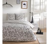 Future Home Parure de lit 3 pièces Adulte 2 Personnes Feuillage et Rayures en Coton Set de Housse de Couette 240x220cm +2 Taies d'oreiller 63x63 cm avec Fermeture Boutons