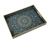 Fuukou Plateau de service en plastique avec poignées, grand plateau ottoman pour salon, grand plateau rectangulaire pour table basse ottomane, plateau de service décoratif bleu bohème pour décoration