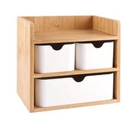 FWEEK Organisateur de Bureau à Tiroirs en Bambou, Fournitures et Maquillage | Format 20 x 19,5 x 14 cm avec tiroirs et espace ouvert pour stylos, notes, accessoires et maquillage