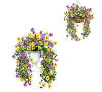 Fycooler Lot de 2 fleurs artificielles à suspendre pour extérieur, fausses plantes rampantes, violettes, résistantes aux UV, bouquet de fleurs artificielles à suspendre pour paniers suspendus, porche