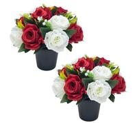 Fycooler Lot de 2 pots de fleurs artificielles en soie blanche bordeaux pour décoration funéraire - Ornements floraux commémoratifs pour tombe - Faux bouquets de fleurs funéraires dans des pots