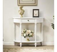 FYRDTNG Table Console Demi-Lune, Meuble d'Entrée Vintage en Bois Massif, Console Étroite avec Tiroir et Étagère pour Couloir, Salon, Montage Facile(White,100cm/39.3in)