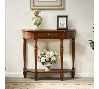FYRDTNG Table Console Demi-Lune, Meuble d'Entrée Vintage en Bois Massif, Console Étroite avec Tiroir et Étagère pour Couloir, Salon, Montage Facile(Walnut,120cm/47.2in)