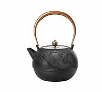 FytStycale Bouilloire en Fonte Théière Kettle Artisanat Traditionnel Diffusion Constante Fer Libéré Dans l'Eau Motif Oiseau Cuivre, Noir Avec Fourchette Et Sous-verre, 1200ml