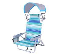 FytStycale Chaise de Plage Pliante avec Pare-Soleil Tissu Respirant Chaise Longue Pliante avec Pare-Soleil Appuie-Tête Inclus, Chaise De Plage Basse Rayures Bleu-Vert + Auvent