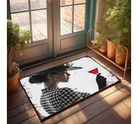 FZFN Élégance vintage : une femme en pied-de-poule avec un cocktail rouge lavable en machine uni pour travaux manuels - Tapis de salle de bain extérieur antidérapant (40 x 60 cm)