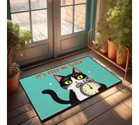 FZFN Feed Me Time! - Tapis de bain motif chat avec horloge géométrique | Décoration de bureau durable, lavable, lavable et antidérapant (65 x 90 cm)