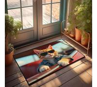 FZFN Tapis de couloir grunge décoratif esthétique à profil bas - Un chat élégant portant des lunettes de soleil et une veste en jean. Salle de bain antidérapant tissé à la main, facile à nettoyer