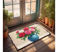 FZFN Tapis de couloir lavable pour porte d'entrée profil bas | Pichet bleu vintage avec bouquet de roses colorées carré mousse à mémoire de forme (50 x 80 cm)