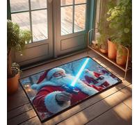 FZFN Tapis de cuisine Farmhouse Welcome Low Profile - Santa Claus Masters The Blue Lightsaber : A Festive Star Wars Mash - Chenille lavable pour salle de bain facile à nettoyer et durable pour boire