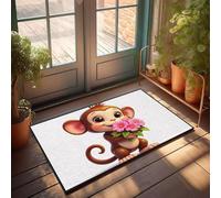 FZFN Tapis de cuisine lavable en machine - Motif singe mignon tenant des fleurs roses - Tapis de diatomées pour décoration extérieure de ferme (65 x 90 cm)