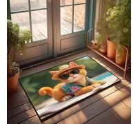 FZFN Tapis de cuisine motif chat portant des lunettes de soleil et un chapeau de paille - Tapis d'angle rustique avec envers en caoutchouc, parfait pour une utilisation en intérieur (65 x 90 cm)