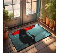 FZFN Tapis de cuisine Silhouette de porte personnalisée de femme avec parapluie rouge sous la pluie | Tapis de cuisine en mousse à mémoire de forme à carreaux (40 x 60 cm)