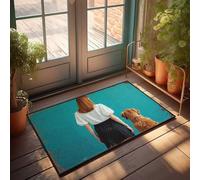 FZFN Tapis de douche extérieur grande fille et golden retriever se regardant contre dos bleu | Tapis de bain en mousse ultra amusant idéal pour les joueurs, décoration d'intérieur (65 x 90 cm)