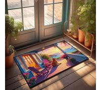 FZFN Tapis de porche confortable avec des fleurs, des chaises et un chien surplombant un beau coucher de soleil par, décoration rustique pour homme, cuisine, salle de bain, tapis de sol en mousse à