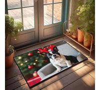 FZFN Tapis de salle de bain absorbant pour décoration de patio - Un chien festif portant des bois rouges assis devant un sapin de Noël. Uni extérieur antidérapant pour intérieur et extérieur Taupe (50