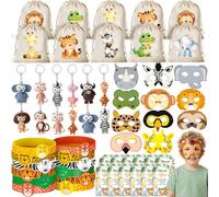 G.C Cadeau Anniversaire Enfants Invites Animaux Jungle Thème Party avec Masque Animaux Porte-clés Sacs Cadeaux Bracelet Silicone Carte Remerciement Jungle Safari Pinata Anniversaire Fille Garcon