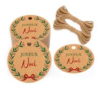 G2PLUS 100PCS Étiquette Joyeux Noël,5x5cm Étiquettes en Papier Kraft,Brun | Étiquettes Rondes avec Ficelle pour Emballage Cadeau de Noël,DIY