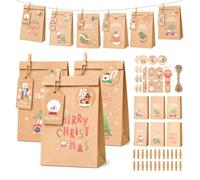 G2PLUS 24 Sacs Calendrier de l’Avent Noël à Remplir en Kraft | 24 Pochette Calendrier de l'avent avec Stickers 1-24,étiquettes, Pinces en bois et Ficelle de jute