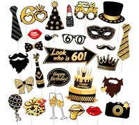 G2PLUS 32 Pcs Accessoires de Photomaton: Kit Photobooth 60 Ans Noir & Doré-DIY Fête Photo Booth Props Accessoires pour Fête Anniversaire Mariage Bal Disco Mardi Gras