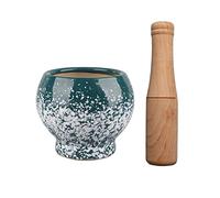 gadget de cuisine Bol mortier en céramique verte avec pilon bois, et porcelaine finition décorative à pois blancs broyeur de pilules, épices, bol herbes, poudre pesto for la cuisine