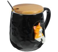 Gadpiparty Tasse en Céramique Noire Design Chien Mignon 400ml avec Couvercle et Cuillère, Surface Lisse et Bords Arrondis pour Restaurant et Café