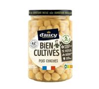 Gagnez du temps en cuisine avec les pois chiches D'AUCY bien cultivés en France, sans conservateur, format 250g, bocal à ouverture facile - Lot de 4